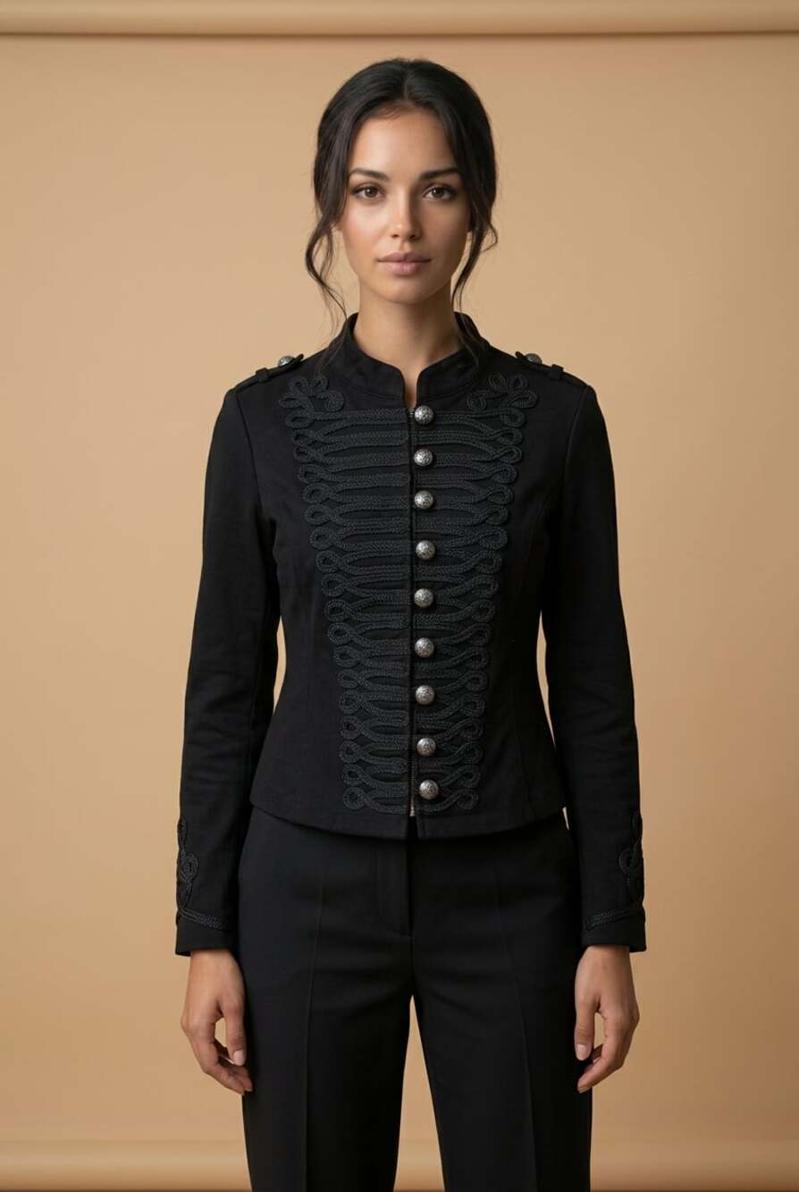 H&R London Black Military Style Jacket with Ornamental Cord and Silver Buttons s